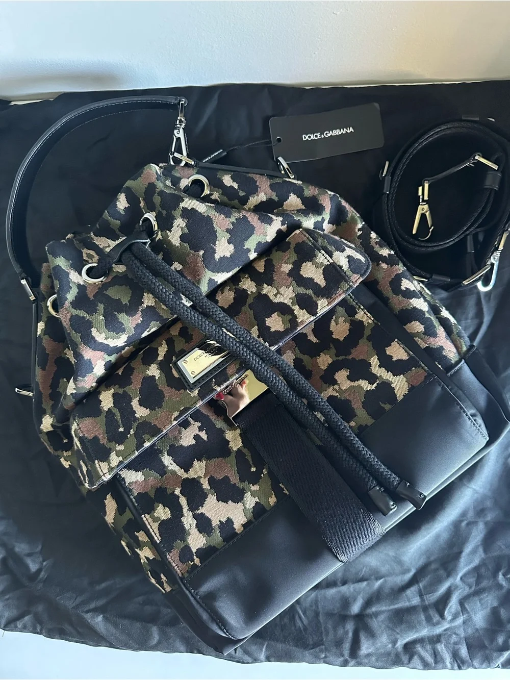 $2900 NWT Dolce & Gabbana Leopard Camouflage Jacquard Bucket Bag Backpack